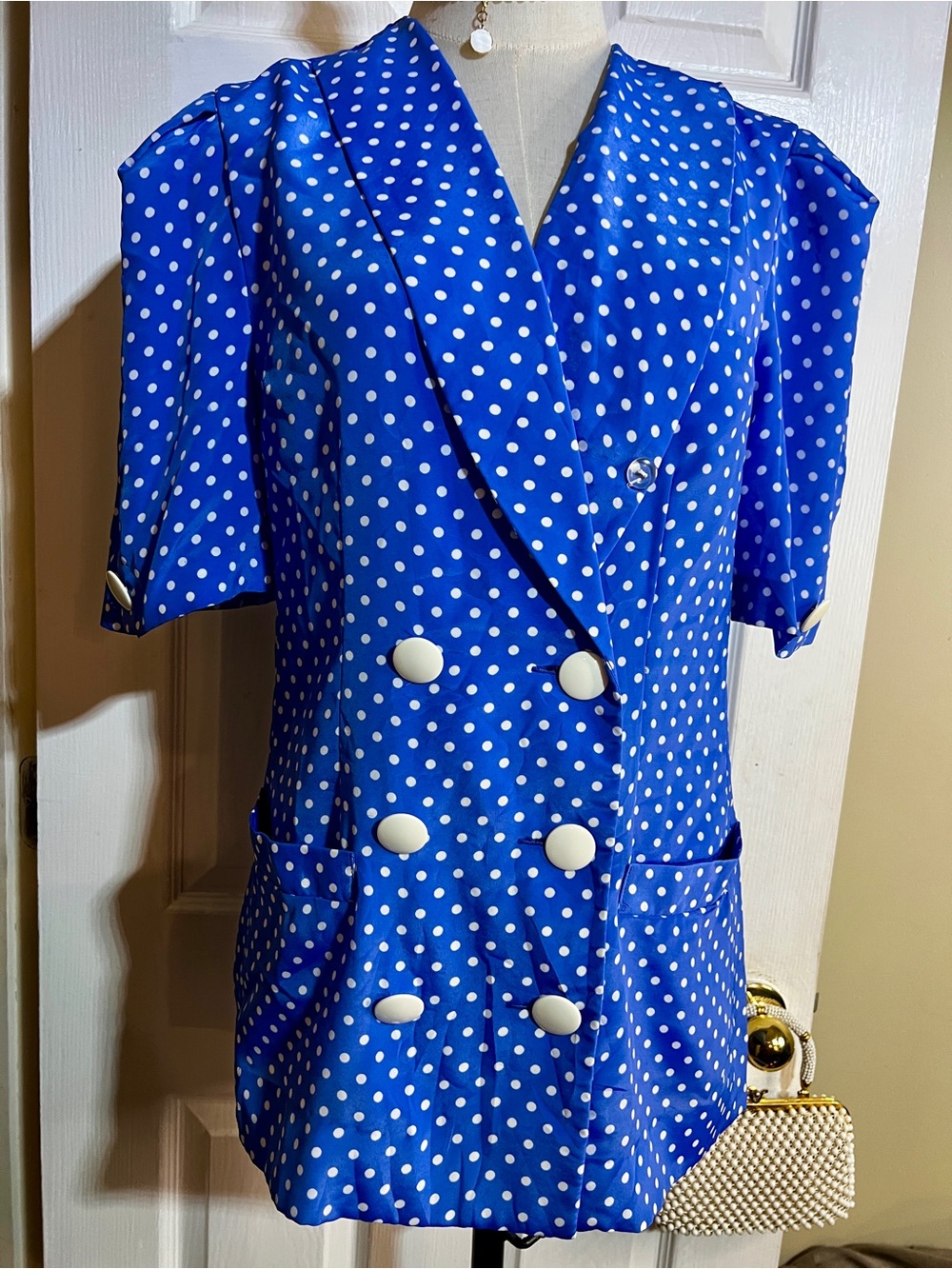Leslie Fay Vtg‎ 90s Blue White Polka Satin Short Sleeve Retro Blazer Blouse 14